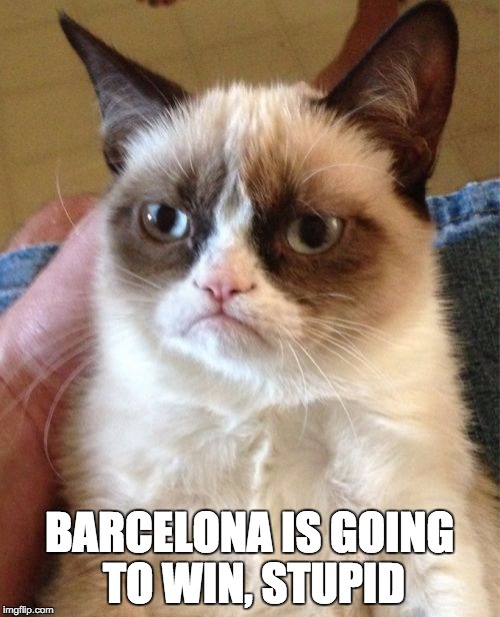 Grumpy Cat Meme | BARCELONA IS GOING TO WIN, STUPID | image tagged in memes,grumpy cat | made w/ Imgflip meme maker
