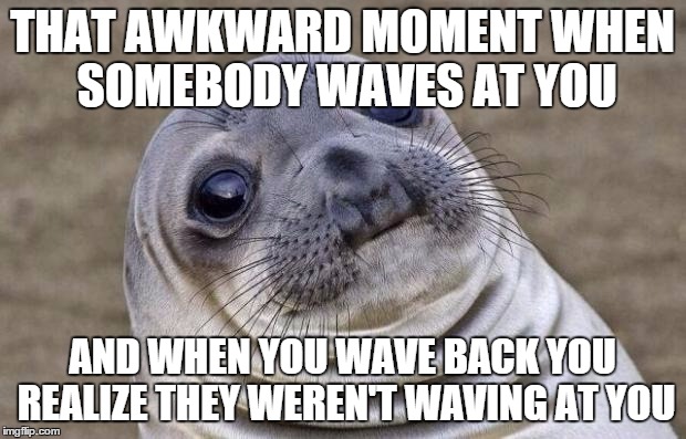 Happens WAAAAAYY too often | THAT AWKWARD MOMENT WHEN SOMEBODY WAVES AT YOU AND WHEN YOU WAVE BACK YOU REALIZE THEY WEREN'T WAVING AT YOU | image tagged in memes,awkward moment sealion,wave,awkward | made w/ Imgflip meme maker