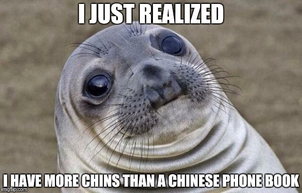 Awkward Moment Sealion Meme | I JUST REALIZED I HAVE MORE CHINS THAN A CHINESE PHONE BOOK | image tagged in memes,awkward moment sealion | made w/ Imgflip meme maker