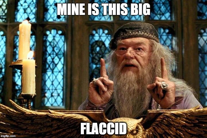 MINE IS THIS BIG FLACCID | image tagged in not so humbledore | made w/ Imgflip meme maker