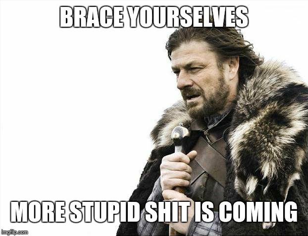 Brace Yourselves X is Coming Meme | BRACE YOURSELVES MORE STUPID SHIT IS COMING | image tagged in memes,brace yourselves x is coming | made w/ Imgflip meme maker