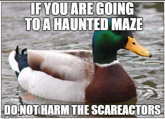 Actual Advice Mallard | IF YOU ARE GOING TO A HAUNTED MAZE DO NOT HARM THE SCAREACTORS | image tagged in memes,actual advice mallard,AdviceAnimals | made w/ Imgflip meme maker