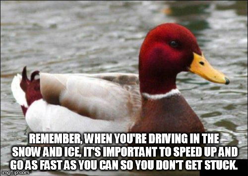 Malicious Advice Mallard | REMEMBER, WHEN YOU'RE DRIVING IN THE SNOW AND ICE, IT'S IMPORTANT TO SPEED UP AND GO AS FAST AS YOU CAN SO YOU DON'T GET STUCK. | image tagged in memes,malicious advice mallard | made w/ Imgflip meme maker