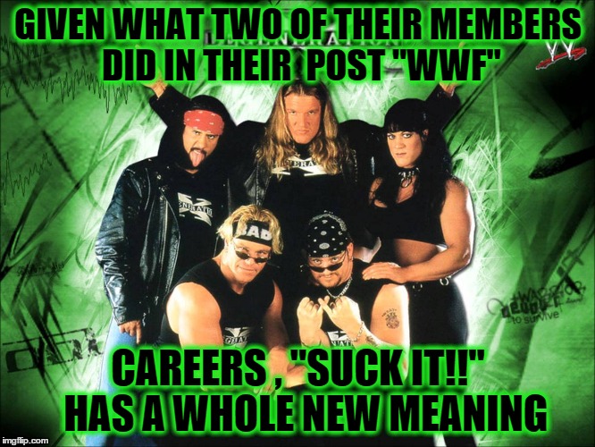 DX Suck it! | GIVEN WHAT TWO OF THEIR MEMBERS DID IN THEIR  POST "WWF" CAREERS , "SUCK IT!!"  HAS A WHOLE NEW MEANING | image tagged in dx suck it,wwe,wwf | made w/ Imgflip meme maker