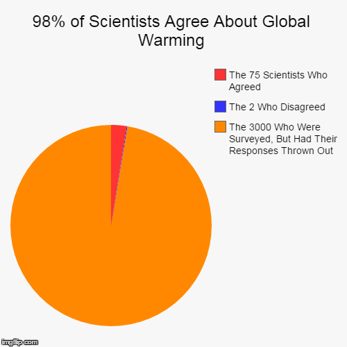 Lies, Damn Lies, and Corrupt Surveys | image tagged in funny,pie charts,global warming,lies | made w/ Imgflip chart maker