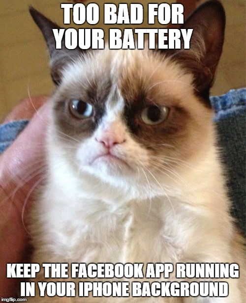 Grumpy Cat Meme | TOO BAD FOR YOUR BATTERY KEEP THE FACEBOOK APP RUNNING IN YOUR IPHONE BACKGROUND | image tagged in memes,grumpy cat | made w/ Imgflip meme maker