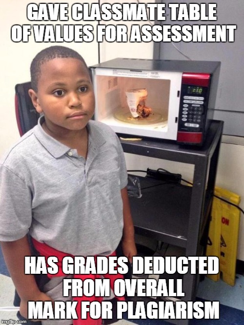 black kid microwave | GAVE CLASSMATE TABLE OF VALUES FOR ASSESSMENT HAS GRADES DEDUCTED FROM OVERALL MARK FOR PLAGIARISM | image tagged in black kid microwave | made w/ Imgflip meme maker