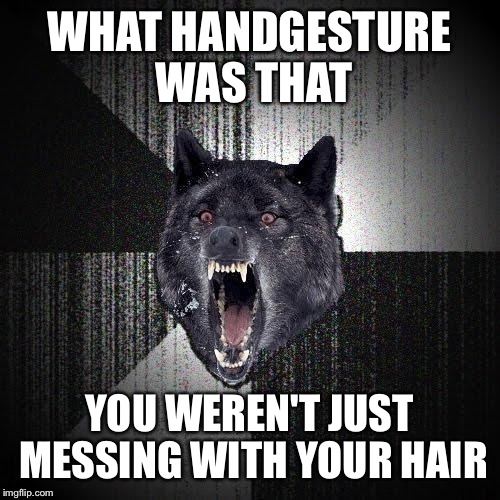 Insanity Wolf Meme | WHAT HANDGESTURE WAS THAT YOU WEREN'T JUST MESSING WITH YOUR HAIR | image tagged in memes,insanity wolf | made w/ Imgflip meme maker