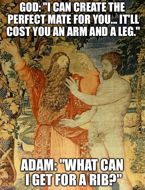 Adam and God createGATE | GOD: "I CAN CREATE THE PERFECT MATE FOR YOU... IT'LL COST YOU AN ARM AND A LEG." ADAM: "WHAT CAN I GET FOR A RIB?" | image tagged in adam and god,memes,funny memes,religion | made w/ Imgflip meme maker
