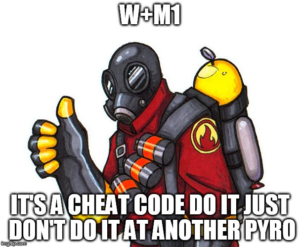 The part at the end is all that I see on tf2 because I play as pyro alot | W+M1 IT'S A CHEAT CODE DO IT JUST DON'T DO IT AT ANOTHER PYRO | image tagged in pyro approval,tf2 | made w/ Imgflip meme maker