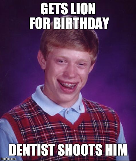 Bad Luck Brian Meme | GETS LION FOR BIRTHDAY DENTIST SHOOTS HIM | image tagged in memes,bad luck brian | made w/ Imgflip meme maker