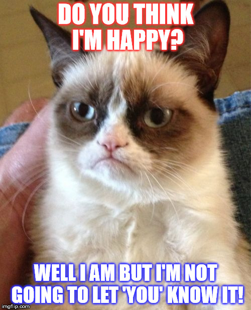 Grumpy Cat Meme | DO YOU THINK I'M HAPPY? WELL I AM BUT I'M NOT GOING TO LET 'YOU' KNOW IT! | made w/ Imgflip meme maker