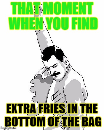freddie mercury rage pose | THAT MOMENT WHEN YOU FIND EXTRA FRIES IN THE BOTTOM OF THE BAG | image tagged in freddie mercury rage pose | made w/ Imgflip meme maker