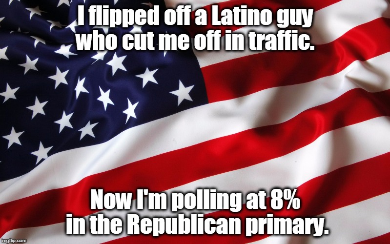 Old Glory | I flipped off a Latino guy who cut me off in traffic. Now I'm polling at 8% in the Republican primary. | image tagged in old glory | made w/ Imgflip meme maker