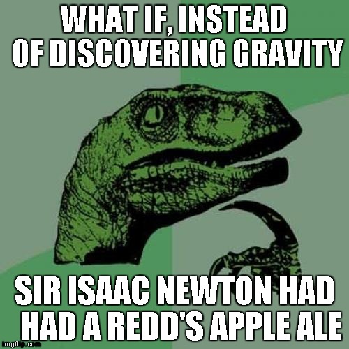 Philosoraptor Meme | WHAT IF, INSTEAD OF DISCOVERING GRAVITY SIR ISAAC NEWTON HAD  HAD A REDD'S APPLE ALE | image tagged in memes,philosoraptor | made w/ Imgflip meme maker