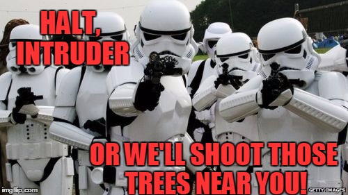Poor Stormtroopers | HALT, INTRUDER OR WE'LL SHOOT THOSE TREES NEAR YOU! | image tagged in stormtrooper miss | made w/ Imgflip meme maker