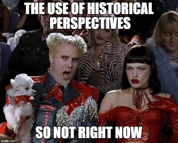 Mugatu So Hot Right Now | THE USE OF HISTORICAL PERSPECTIVES SO NOT RIGHT NOW | image tagged in memes,mugatu so hot right now | made w/ Imgflip meme maker