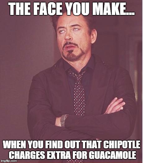 You know what i mean (2) | THE FACE YOU MAKE... WHEN YOU FIND OUT THAT CHIPOTLE CHARGES EXTRA FOR GUACAMOLE | image tagged in memes,face you make robert downey jr | made w/ Imgflip meme maker
