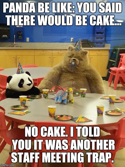 Panda be like | PANDA BE LIKE: YOU SAID THERE WOULD BE CAKE... NO CAKE. I TOLD YOU IT WAS ANOTHER STAFF MEETING TRAP. | image tagged in work sucks,comedy,cake,bears,staff meeting | made w/ Imgflip meme maker