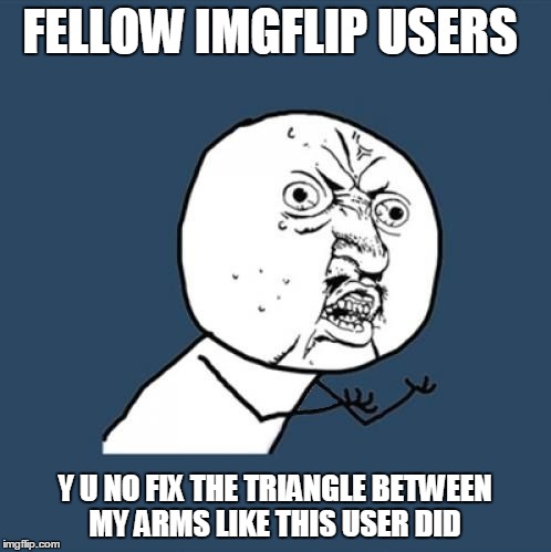 fixed  | FELLOW IMGFLIP USERS Y U NO FIX THE TRIANGLE BETWEEN MY ARMS LIKE THIS USER DID | image tagged in y u no,imgflip | made w/ Imgflip meme maker