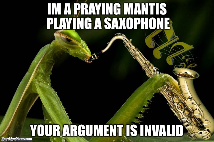 IM A PRAYING MANTIS PLAYING A SAXOPHONE YOUR ARGUMENT IS INVALID | image tagged in memes,funny,your argument is invalid,praying mantis,praying mantis technique,insects | made w/ Imgflip meme maker