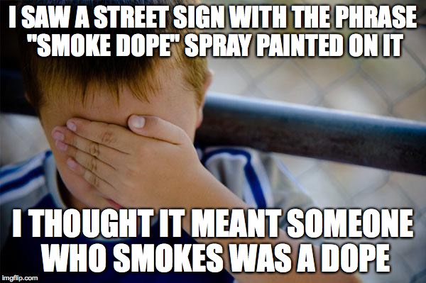 Yup, this happened to me as a kid. | I SAW A STREET SIGN WITH THE PHRASE "SMOKE DOPE" SPRAY PAINTED ON IT I THOUGHT IT MEANT SOMEONE WHO SMOKES WAS A DOPE | image tagged in memes,confession kid | made w/ Imgflip meme maker