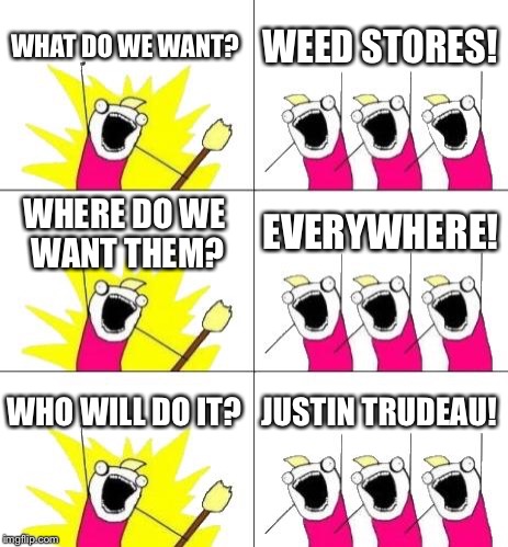 What Do We Want 3 | WHAT DO WE WANT? WEED STORES! WHERE DO WE WANT THEM? EVERYWHERE! WHO WILL DO IT? JUSTIN TRUDEAU! | image tagged in memes,what do we want 3 | made w/ Imgflip meme maker