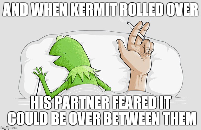 Kermit and His Partner | AND WHEN KERMIT ROLLED OVER HIS PARTNER FEARED IT COULD BE OVER BETWEEN THEM | image tagged in kermit the frog,hand | made w/ Imgflip meme maker