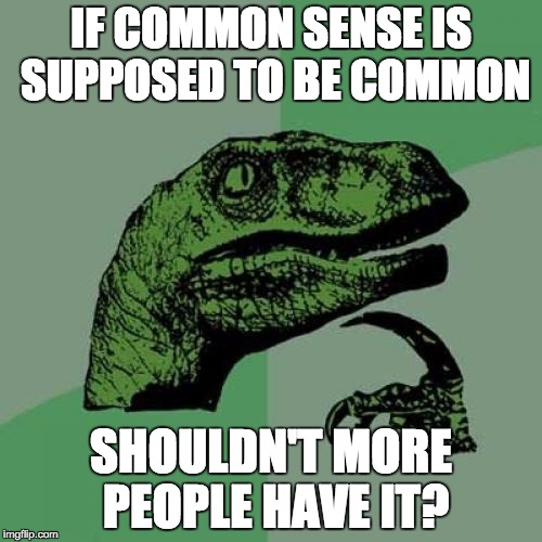How hard is it to think? | IF COMMON SENSE IS SUPPOSED TO BE COMMON SHOULDN'T MORE PEOPLE HAVE IT? | image tagged in memes,philosoraptor,commonsense | made w/ Imgflip meme maker
