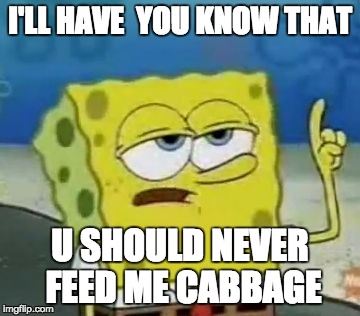 I'll Have You Know Spongebob Meme | I'LL HAVE  YOU KNOW THAT U SHOULD NEVER FEED ME CABBAGE | image tagged in memes,ill have you know spongebob | made w/ Imgflip meme maker