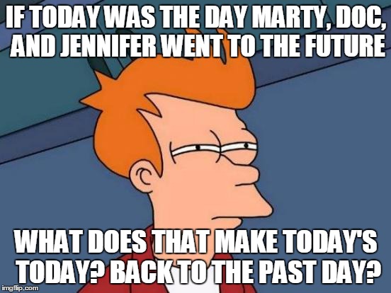 Back to the future day | IF TODAY WAS THE DAY MARTY, DOC, AND JENNIFER WENT TO THE FUTURE WHAT DOES THAT MAKE TODAY'S TODAY? BACK TO THE PAST DAY? | image tagged in memes,futurama fry,back to the future,back to the future 2015,bttf,future | made w/ Imgflip meme maker