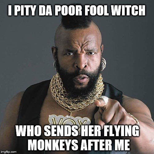Mr. T takes on the flying monkeys
 | I PITY DA POOR FOOL WITCH WHO SENDS HER FLYING MONKEYS AFTER ME | image tagged in memes,mr t pity the fool,flying monkeys,witch,wizard of oz | made w/ Imgflip meme maker