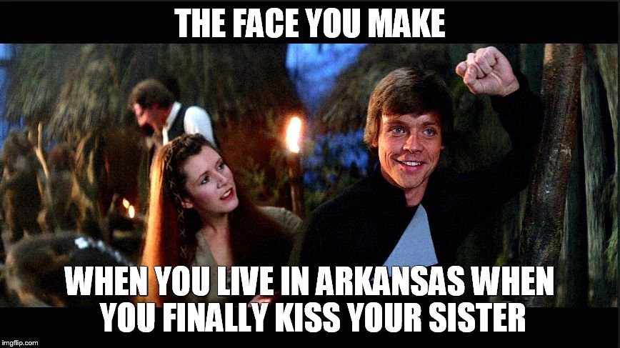 kiss your sister | THE FACE YOU MAKE WHEN YOU LIVE IN ARKANSAS WHEN YOU FINALLY KISS YOUR SISTER | image tagged in kiss your sister,kiss,sister,star wars | made w/ Imgflip meme maker