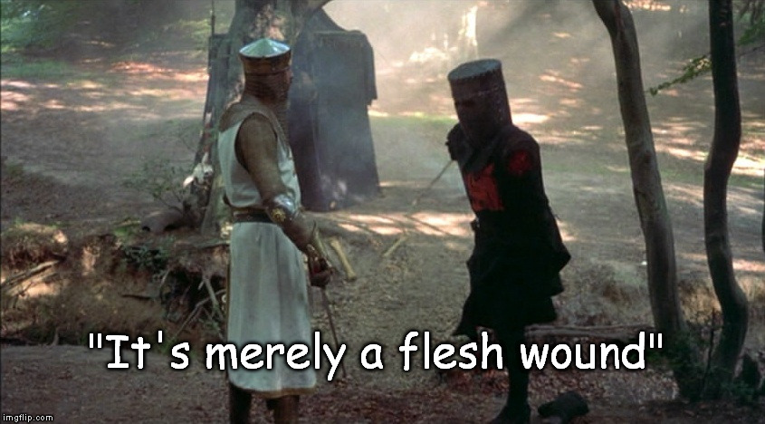 Come on don't give up on them yet! | "It's merely a flesh wound" | image tagged in monty python,toronto blue jays,funny | made w/ Imgflip meme maker