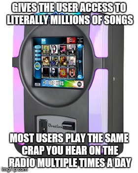 Digital jukebox silliness | GIVES THE USER ACCESS TO LITERALLY MILLIONS OF SONGS MOST USERS PLAY THE SAME CRAP YOU HEAR ON THE RADIO MULTIPLE TIMES A DAY | image tagged in music,restaurant,memes,music video | made w/ Imgflip meme maker
