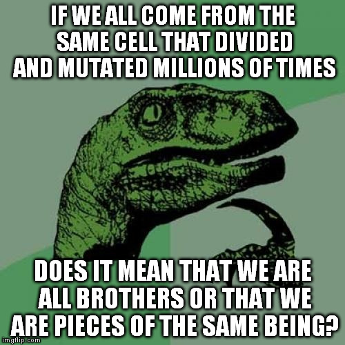 Philosoraptor Meme | IF WE ALL COME FROM THE SAME CELL THAT DIVIDED AND MUTATED MILLIONS OF TIMES DOES IT MEAN THAT WE ARE ALL BROTHERS OR THAT WE ARE PIECES OF  | image tagged in memes,philosoraptor | made w/ Imgflip meme maker