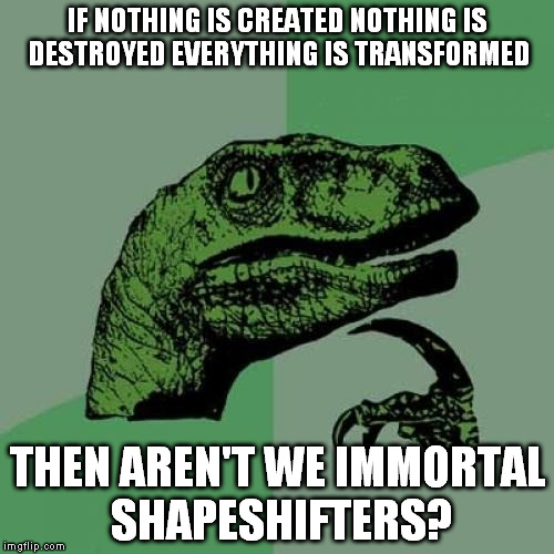 Philosoraptor | IF NOTHING IS CREATED NOTHING IS DESTROYED EVERYTHING IS TRANSFORMED THEN AREN'T WE IMMORTAL SHAPESHIFTERS? | image tagged in memes,philosoraptor | made w/ Imgflip meme maker