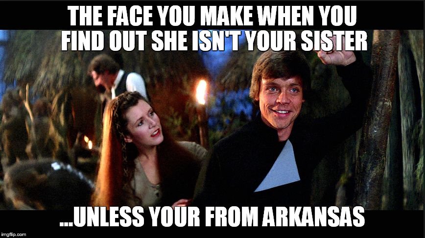 kiss your sister | THE FACE YOU MAKE WHEN YOU FIND OUT SHE ISN'T YOUR SISTER ...UNLESS YOUR FROM ARKANSAS | image tagged in kiss your sister | made w/ Imgflip meme maker