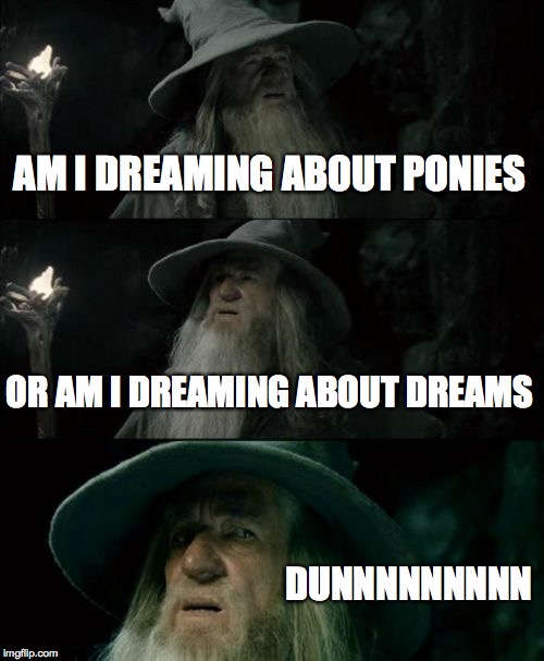 Confused Gandalf | AM I DREAMING ABOUT PONIES OR AM I DREAMING ABOUT DREAMS DUNNNNNNNNN | image tagged in memes,confused gandalf | made w/ Imgflip meme maker