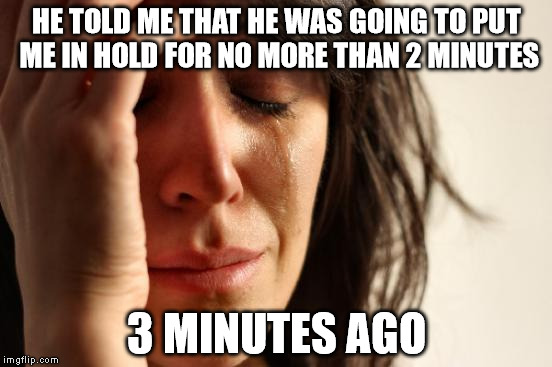 First World Problems | HE TOLD ME THAT HE WAS GOING TO PUT ME IN HOLD FOR NO MORE THAN 2 MINUTES 3 MINUTES AGO | image tagged in first world problems,call center,douchebag | made w/ Imgflip meme maker