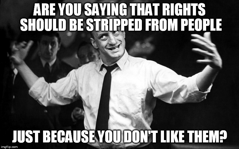 George C Scott | ARE YOU SAYING THAT RIGHTS SHOULD BE STRIPPED FROM PEOPLE JUST BECAUSE YOU DON'T LIKE THEM? | image tagged in george c scott | made w/ Imgflip meme maker