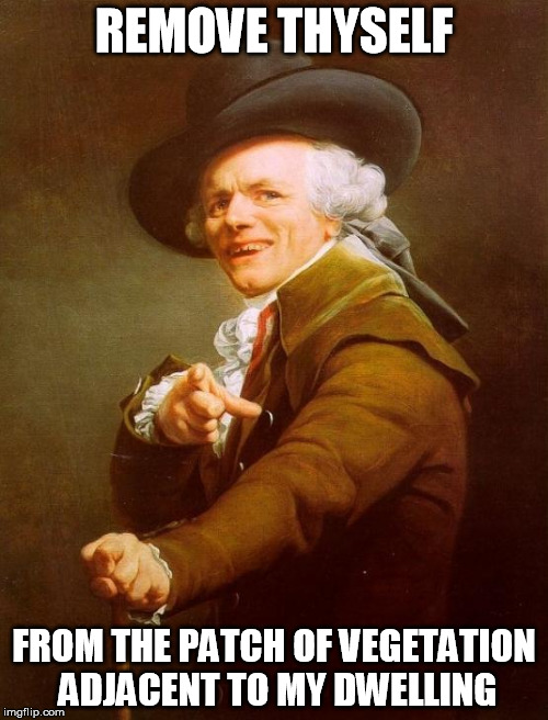 Joseph Ducreux Meme | REMOVE THYSELF FROM THE PATCH OF VEGETATION ADJACENT TO MY DWELLING | image tagged in memes,joseph ducreux | made w/ Imgflip meme maker