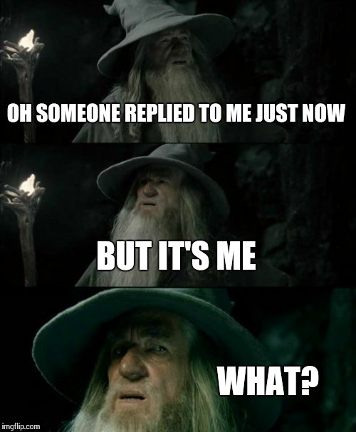 Confused Gandalf Meme | OH SOMEONE REPLIED TO ME JUST NOW BUT IT'S ME WHAT? | image tagged in memes,confused gandalf | made w/ Imgflip meme maker