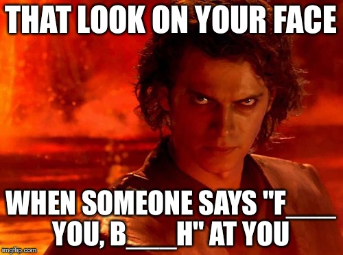 Cussing... Don't do it. | THAT LOOK ON YOUR FACE WHEN SOMEONE SAYS "F___ YOU, B___H" AT YOU | image tagged in memes,you underestimate my power,reaction,star wars,fuck you bitch | made w/ Imgflip meme maker