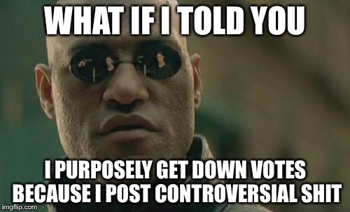 Matrix Morpheus Meme | WHAT IF I TOLD YOU I PURPOSELY GET DOWN VOTES BECAUSE I POST CONTROVERSIAL SHIT | image tagged in memes,matrix morpheus | made w/ Imgflip meme maker
