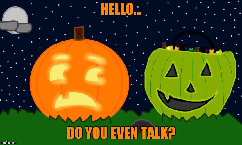 Meeting for the first time... | HELLO... DO YOU EVEN TALK? | image tagged in pumpkin and not pumpkin | made w/ Imgflip meme maker