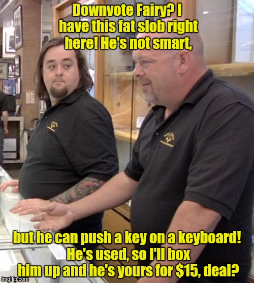 Pawn stars#1 | Downvote Fairy? I have this fat slob right here! He's not smart, but he can push a key on a keyboard! He's used, so I'll box him up and he's | image tagged in pawn stars1 | made w/ Imgflip meme maker