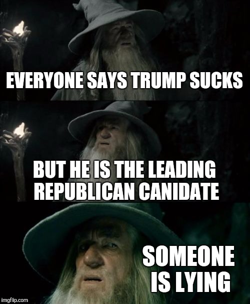 Confused Gandalf | EVERYONE SAYS TRUMP SUCKS BUT HE IS THE LEADING REPUBLICAN CANIDATE SOMEONE IS LYING | image tagged in memes,confused gandalf | made w/ Imgflip meme maker