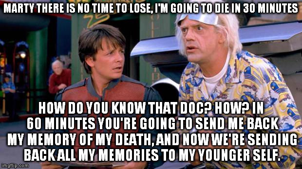 Iteration 2 Doc was cocky, we solved him around iteration, stopped counting | MARTY THERE IS NO TIME TO LOSE, I'M GOING TO DIE IN 30 MINUTES HOW DO YOU KNOW THAT DOC? HOW? IN 60 MINUTES YOU'RE GOING TO SEND ME BACK MY  | image tagged in back to the future,funny,downvote fairy,science bitc,storytelling grandpa,history channel | made w/ Imgflip meme maker