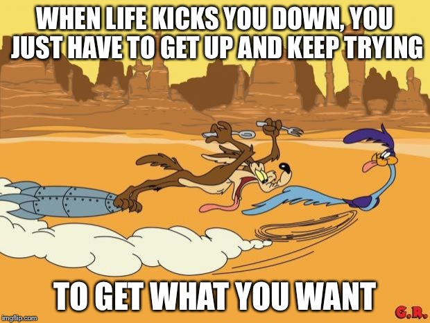 wile e coyote and roadrunner | WHEN LIFE KICKS YOU DOWN, YOU JUST HAVE TO GET UP AND KEEP TRYING TO GET WHAT YOU WANT | image tagged in wile e coyote and roadrunner,memes,funny | made w/ Imgflip meme maker